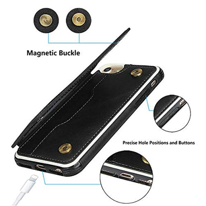 iCoverCase Compatible with iPhone SE(2022)/SE(2020)/7/8/6/6s Wallet Case with Card Slots Holder and Wrist Strap Premium PU Leather Kickstand Magnetic Clasp Shockproof Flip Cover Case (Black) - color: Black