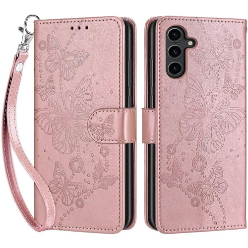 Wallet Case for Samsung Galaxy S24 Plus 6.7 inch, Rose Gold Butterfly | Women Flip Folio Cover, Embossed PU Leather, Stand, Credit Card Holders Slots, Wrist Strap - color: 7