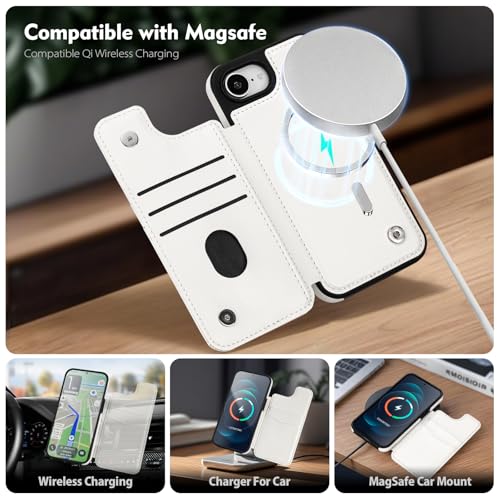 SkyEagle Compatible with MagSafe iPhone 17e / 16e Case Wallet,White | Magnetic Clasp,RFID Blocking,PU Leather,Flip Folio Shockproof Phone Cover,with Credit Card Slots & Kickstand for Men & Women - color: White
