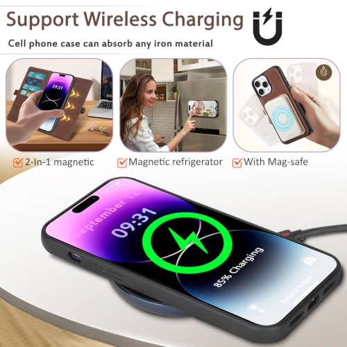 for Wallet Case Compatible with iPhone 14 Pro Max,Multi-Function Detachable 2 in 1 Magnetic iPhone 14 Pro Max Case Wallet,Flip Strap Zipper Card Holder Phone Case with Shoulder Straps(Brown) - color: Brown, size: iPhone 14 pro max