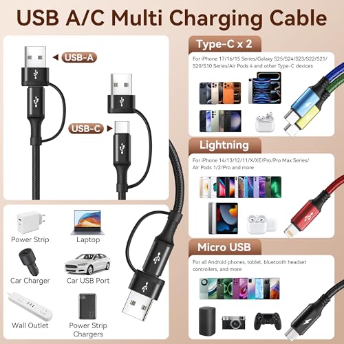 Minlu 4 in 2 Multi Charging Cable,USB C Charging Cords for Multiple Devices