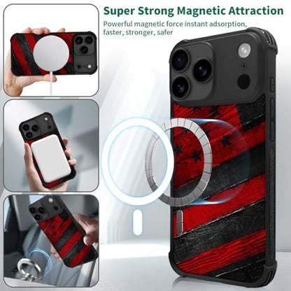 DJSOK Case for iPhone 17 Pro,Compatible with MagSafe,Anti-Scratch Shockproof Case,Black Red Wood Grain American Flag - color: Black red wood grain American flag, size: IPhone 17 Pro