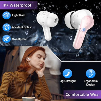 Wireless Earbuds, 2026 Bluetooth 5.4 Headphones Bass Stereo, Ear Buds with 4 Mics ENC Noise Cancelling, Bluetooth Earbuds 48H Playtime LED Display Pink - color: Deep Pink