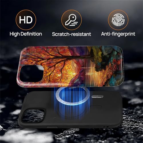 Magnetic Phone Case for iPhone 15,Compatible with MagSafe,Durable 2 Layers Full Covered Shockproof Protective Cover-Stained Glass Sunrise Fall Leaves - color: Stained Glass Sunrise Fall Leaves, size: iPhone 15