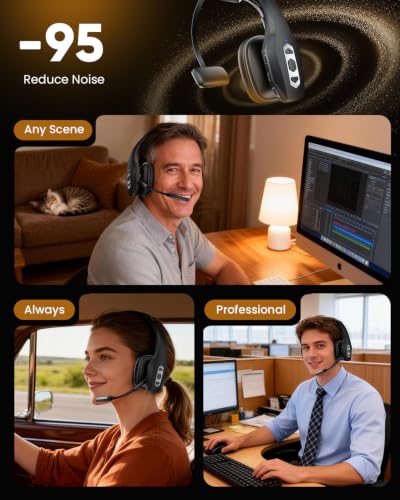 Wireless Hands-Free Headset with Noise Canceling Mic & Mute Button, Trucker Bluetooth Headset with Charging Base, 56Hrs Working Time PC Headsets for Truck Driver, Cell Phone, Computer (Black)
