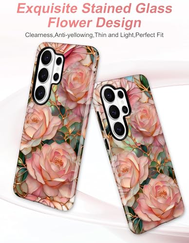 Magnetic Phone Case for Samsung Galaxy A16 5G, Pink Rose | Compatible with MagSafe, Cute Aesthetic Stained Glass Flower Floral, TPU and PC Protective Phone Cover for Women Girls - color: Pink Rose