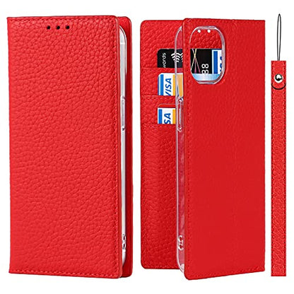iCoverCase Compatible with iPhone 13 Wallet Case, RFID Blocking Genuine Leather Magnetic Case with Wrist Strap and Card Slots Kickstand Feature Flip Cover 6.1 Inch (Red) - color: Red, size: iPhone 13