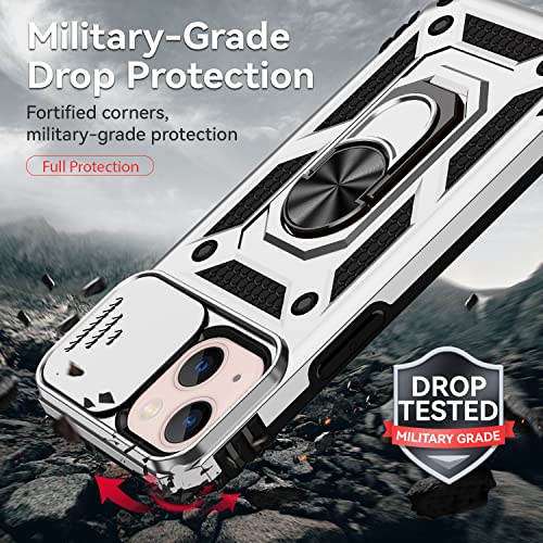 for iPhone 13 Case with Camera Lens Cover HD Screen Protector, Dual Layer [15 FT Military Grade Drop Protection] Magnetic Ring Holder Kickstand Protective Phone Case for iPhone 13 6.1 inch (Silver) - color: Silver with camera cover Military-Grade 2nd gen