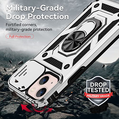 for iPhone 13 Case with Camera Lens Cover HD Screen Protector, Dual Layer [15 FT Military Grade Drop Protection] Magnetic Ring Holder Kickstand Protective Phone Case for iPhone 13 6.1 inch (Silver) - color: Silver with camera cover Military-Grade 2nd gen