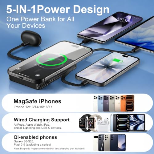 10000mAh Magnetic Wireless Power Bank, 5-in-1 Portable Charger with 2 Built-in Cables, 22.5W PD Fast Charging Magnetic Battery Pack for iPhone 17/16/15/14/13/12 and All Series，Black - color: Black