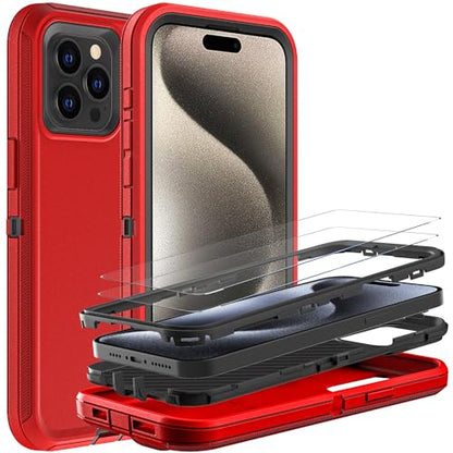 YKHJKLEC for iPhone 15 Pro Case, Military Grade 3 in 1 Heavy Duty Shockproof/Drop Proof/Dust Proof Case with 2Pcs Tempered Glass Screen Protector (Red/Black) - color: Red/Black