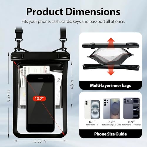 10in Waterproof Phone Pouch for iPhone 17 16 Pro Max, Large Black | Interior Card Pocket, IPX8 Waterproof, Lightweight, Beach & Cruise Essential, Fits up to 10in Phones