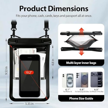10in Waterproof Phone Pouch for iPhone 17 16 Pro Max, Large Black | Interior Card Pocket, IPX8 Waterproof, Lightweight, Beach & Cruise Essential, Fits up to 10in Phones