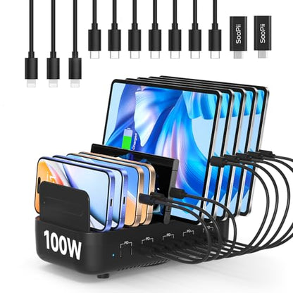 SooPii 100W USB-C Charging Station,10-Port PD Fast Charger,3-Pin Grounded Safety,10pcs Mixed Short Cables Included,Charging Organizer for Phones,Tablets and Other Electronics(Black)