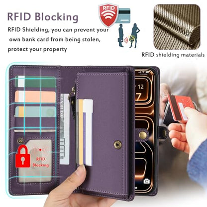 for Wallet Case Compatible with iPhone 17 Pro,Multi-Function Detachable 3 in 1 Magnetic iPhone 17 Pro Case Wallet,Flip Strap Zipper Card Holder Phone Case with Shoulder Straps (Pruple) - color: Purple, size: iPhone 17 Pro