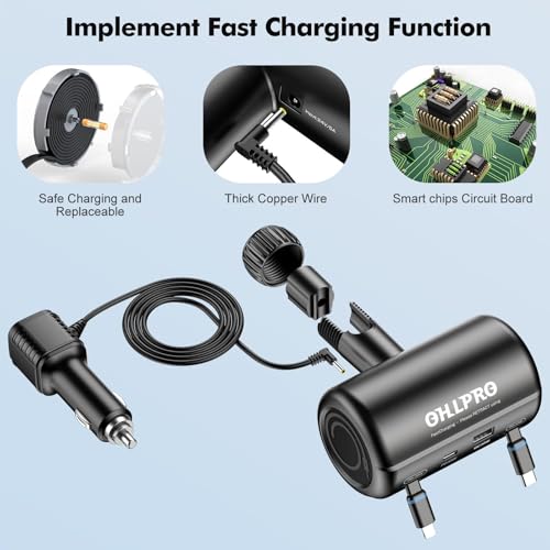 OHLPRO Multi Car Retractable Backseat 4 in 1 Car Charging Station Box Compatible with All Phones | iPhone | Samsung | Uber Taxi Lyft Turo Ride Share Customer Charging Dock Attach to Headrest - size: 39.3in Charging Station