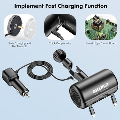 OHLPRO Multi Car Retractable Backseat 4 in 1 Car Charging Station Box Compatible with All Phones | iPhone | Samsung | Uber Taxi Lyft Turo Ride Share Customer Charging Dock Attach to Headrest - size: 39.3in Charging Station