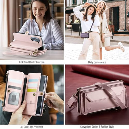 Strapurs Crossbody Wallet Case Compatible with Samsung Galaxy Z Fold 6 with RFID Blocking Card Holder & Pen Holder Slot Soft PU Leather Shoulder Strap Zipper Pocket Purse Fold 6 Phone Case, Rose Gold | RFID Blocking 5-Card Holder, Shoulder Lanyard, Wirst