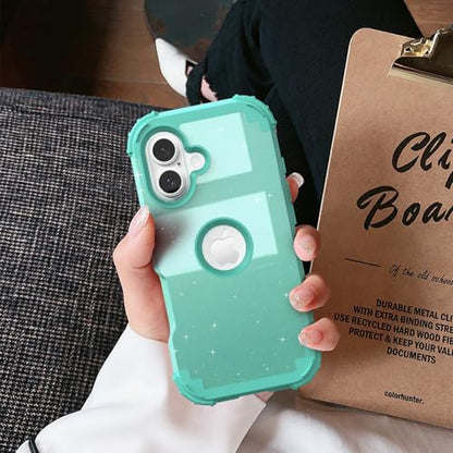 IDweel for iPhone 17 Case with Screen Protector for Women, 3 in 1 Shockproof Slim Fit Hybrid Heavy Duty Hard PC Cover Soft Silicone Bumper Full Body Anti-Fingerprint Case, Glitter Cyan - color: Glitter Cyan