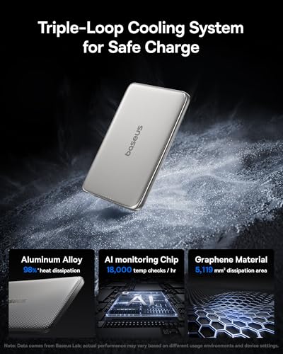 Baseus Picogo Power Bank, 0.3" Ultra Slim 5000mAh MagSafe Battery Pack, Upgraded CCC Certified and Polished Alloy Magnetic Portable Charger, Wireless Charger for iPhone 17/16/15/14/13/12 - color: Polished Natural Titanium