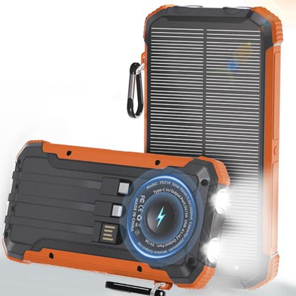 Solar Charger Power Bank 20000mAh, Wireless Fast Charging Battery Pack with 3 Built-in Cables & USB-C Input, Dual LED Flashlights, Portable Phone Charger for Camping, Travel & Emergency Use - color: Orange