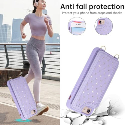 Crossbody Wallet Case for iPhone 7/8/SE 2020/SE 2022(4.7") with Detachable Strap - PU Leather Flip Folio with Card Slots & RFID Blocking, Sparkling Diamond Accents-Purple - color: Purple, size: iPhone 7/8/SE 2020/SE 2022(4.7")