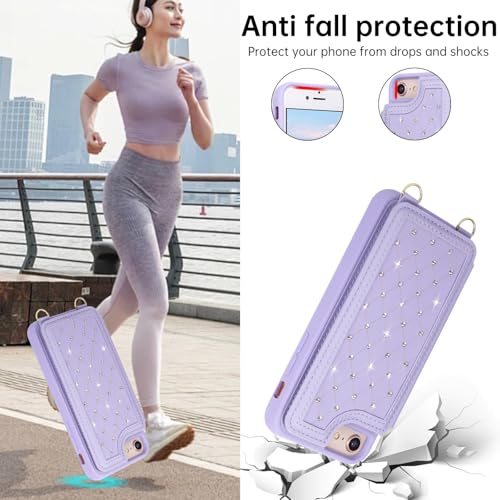 for iPhone 7/8/SE 2022/SE 2020 Wallet Case with Card Holder Slots and Strap, RFID Blocking Magnetic Flip Folio Cover, Crossbody Purse Protection Case with Kickstand,Purple Diamond - color: Purple Diamond, size: iPhone 7/8/SE 2022/SE 2020(6.6")
