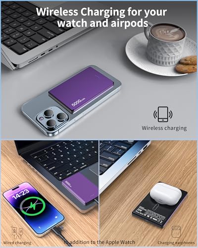 ZBF Wireless Portable Charger,5000mAh Slim Magnetic Power Bank Phone Charger with USB-C Cable, PD 20W Fast Charging Mag-Safe Battery Pack Travel Charger for Phone 17 16 15 14 13 Pro Max(Purple)