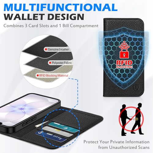 SHIELDON Real Leather Case Wallet for iPhone 17e/16e 6.1", Pebbled Black | Flip Magnetic Cover, Kickstand, RFID Blocking, 3 Credit Card Holder, Book Design, Shockproof, Soft Inner Phone Case - color: Pebbled - Black