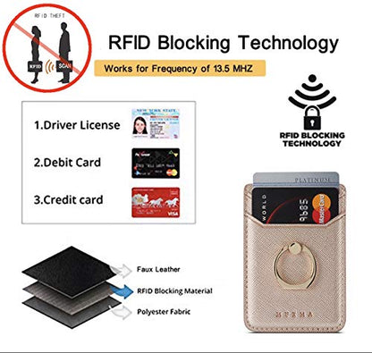 2Pcs RFID Leather Card Holder for Phone, Stick-On Wallet with Ring | Phone Wallet Stick On Back Of Phone Case. Adhesive For iPhone Wallet Holds Credit Cards/ID/Pockets. Viewing Freely Ring Stand - color: Rose/Gold