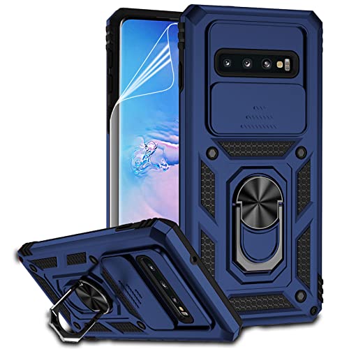 for Samsung Galaxy S10 Plus Case with Camera Lens Cover HD Screen Protector, Military-Grade Drop Tested Magnetic Ring Holder Kickstand Protective Phone Case for Samsung Galaxy S10+ Plus (Navy Blue) - color: Navy Blue with camera cover Military-Grade 2nd g