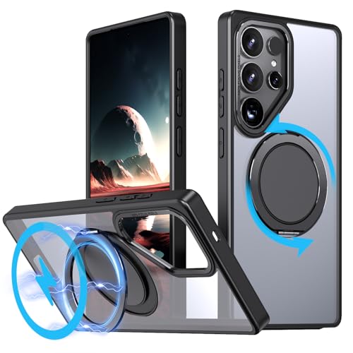 360 Rotatable Magnetic Stand for Samsung Galaxy S25 Ultra Case with Ring Kickstand, Compatible with Magsafe,Military Grade Shockproof Translucent Protective Case - 6.9 inch,Black - color: Black, size: For Samsung Galaxy S25 Ultra