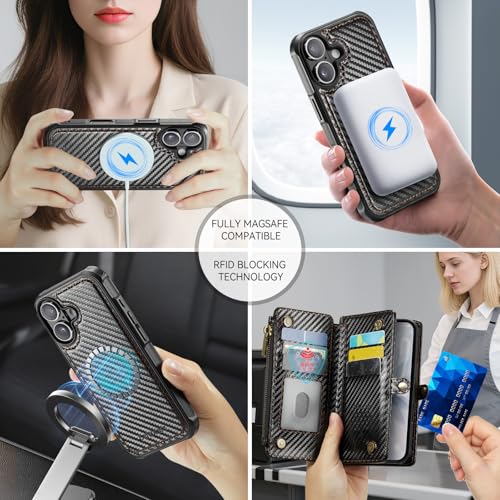 Defencase for iPhone 17 Phone Case Wallet Compatible with Magsafe, C-Black | Magnetic Detachable, Drop-Proof Protective Wallet Cases Cover, with RFID Bolcking Card Holder, Zipper Strap, Soft PU Leather - color: (Detachable with Magsafe)-Carbon Fiber Black