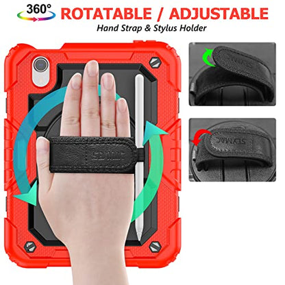 SEYMAC stock Case for iPad mini 7 (A17 Pro) 2024/ Mini 6 8.3'' with Screen Protector Pencil Holder [360 Rotating Hand Strap] &Stand, Drop-Proof Case for iPad mini 7th/6th Generation 8.3", Black+Red - color: Black+Red