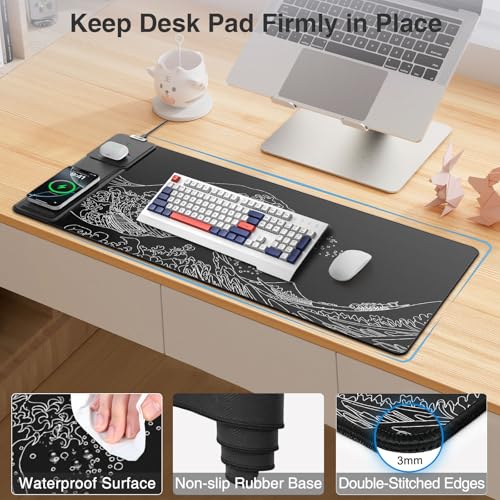 Wireless Charging Mouse Pad with Phone Holder, 31.5"x15.8" in, Black Wave - color: Black Wave-Phone Holder-31.5"x15.8"