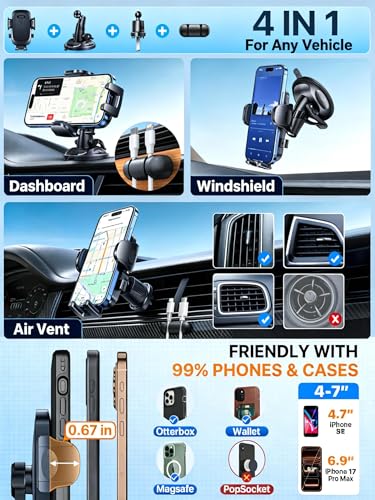 Military-Grade Anti-Shake & 360° Rotatable Suction 2026 Upgraded Car Phone Holder Mount 90+LBS Safest Strongest & Patent Certs Dashboard Windshield Vent for iPhone 18 Pro Max 17 16 Samsung, Matt Black