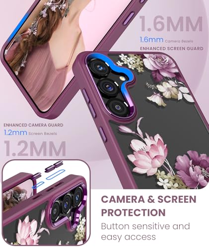 Crystal Clear Flower Pattern Case for Samsung Galaxy S26 FE-Purple | Girl Women Slim Soft TPU + Hard PC Military Grade Protective Phone Cover WithTempered Glass Screen Protector for S26 FE - color: S26 FE-Purple