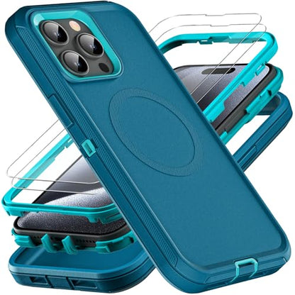 YKHJKLEC for iPhone 15 Pro Case, Compatible with Magsafe, Military Grade 3 in 1 Heavy Duty Shockproof/Drop Proof/Dust Proof Case with 2Pcs Tempered Glass Screen Protector (New-Blue/Turquoise) - color: New-Blue/Turquoise