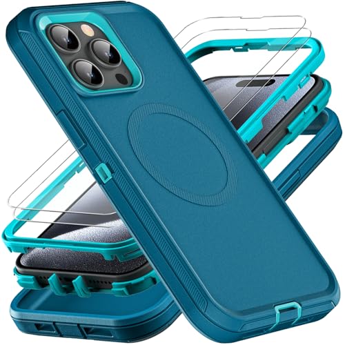 YKHJKLEC for iPhone 15 Pro Case, Compatible with Magsafe, Military Grade 3 in 1 Heavy Duty Shockproof/Drop Proof/Dust Proof Case with 2Pcs Tempered Glass Screen Protector (New-Blue/Turquoise) - color: New-Blue/Turquoise