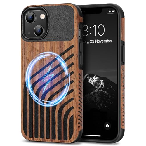 TENDLIN Magnetic Case Compatible with iPhone 14 Case Wood Grain with Carbon Fiber Texture Design Leather Hybrid Slim Cover (Compatible with MagSafe) Hairline - color: Magnetic Hairline, size: iPhone 14