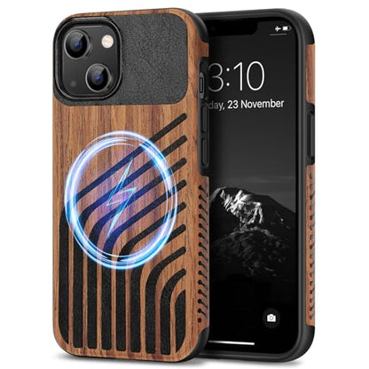 TENDLIN Magnetic Case Compatible with iPhone 14 Case Wood Grain with Carbon Fiber Texture Design Leather Hybrid Slim Cover (Compatible with MagSafe) Hairline - color: Magnetic Hairline, size: iPhone 14