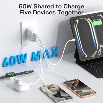 3Pack USB C Fast Charger Block, Total 60W 5-Port USB C Wall Charger 30W - color: 3Pack White