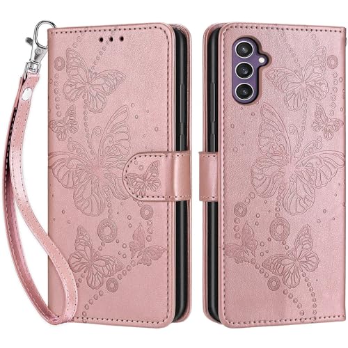 Wallet Case for Samsung Galaxy S23 FE, Rose Gold Butterfly | Women Flip Folio Cover, Embossed PU Leather, Stand, Credit Card Holders Slots, Wrist Strap - color: 7
