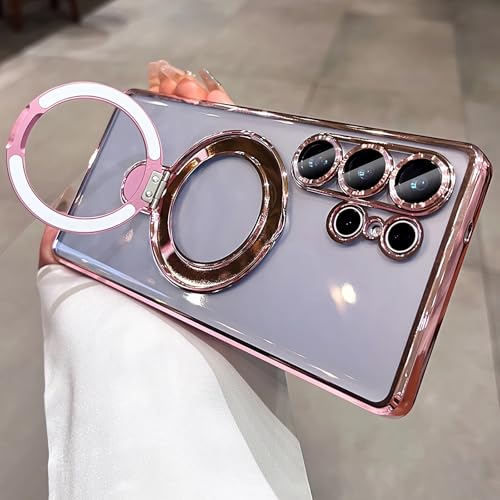 LXK Magnetic for Samsung Galaxy S26 Ultra Case with Stand Clear, Pink | [Fit for MagSafe] [Full Camera Protection] Titanium Alloy Sturdy Stand, 15FT Military Protection for Galaxy S26 Ultra Case - color: Pink