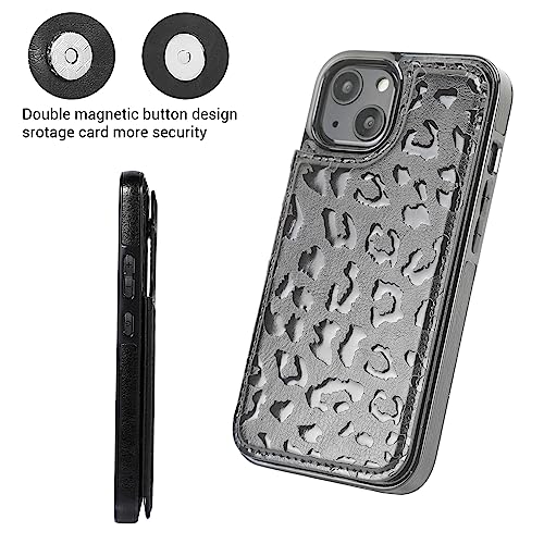 uCOLOR for iPhone 13/14 Wallet Case with Card Holder Black Leopard | PU Leather RFID Blocking for Women Men Magnetic Clasp Kickstand 6.1" - color: Black Leopard