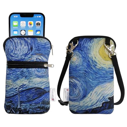 Tainada Neoprene Crossbody Zipper Neck Cellphone Case Pouch (Starry Night) | For Van Gogh lovers; Small dual zip wallet purse bag; Water-resistant, shockproof, lightweight; Adjustable & detachable strap - color: Starry Night
