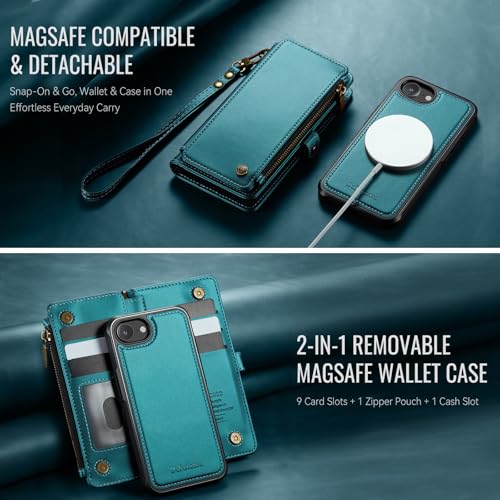 Defencase for iPhone 17e/16e Case Wallet Compatible with Magsafe, Bluegreen | Drop-Proof Magnetic Detachable Phone Cases Cover, with RFID Bolcking Card Holder, Zipper Strap, PU Leather, Removable Wallet - color: (Detachable with Magsafe)-Blue Green