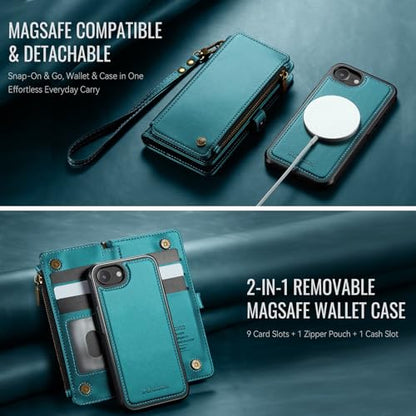 Defencase for iPhone 17e/16e Case Wallet Compatible with Magsafe, Bluegreen | Drop-Proof Magnetic Detachable Phone Cases Cover, with RFID Bolcking Card Holder, Zipper Strap, PU Leather, Removable Wallet - color: (Detachable with Magsafe)-Blue Green