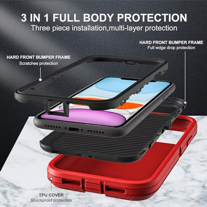 YKHJKLEC for iPhone 11 Case, Military Grade 3 in 1 Heavy Duty Shockproof/Drop Proof/Dust Proof Case with 2Pcs Tempered Glass Screen Protector (Red/Black) - color: Red/Black
