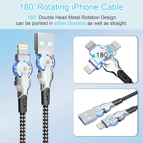 90 Degree iPhone Charger Cord with 180°Rotating Head, 6.6FT Swivel Right Angle Lightning Cable for Apple Carplay, MFi Certified Charger for iPhone 14 13 12 11 X Xs Pro, iPad